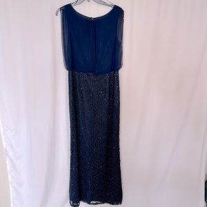 Aidan Mattox Navy Blue Silk and Lace Gown